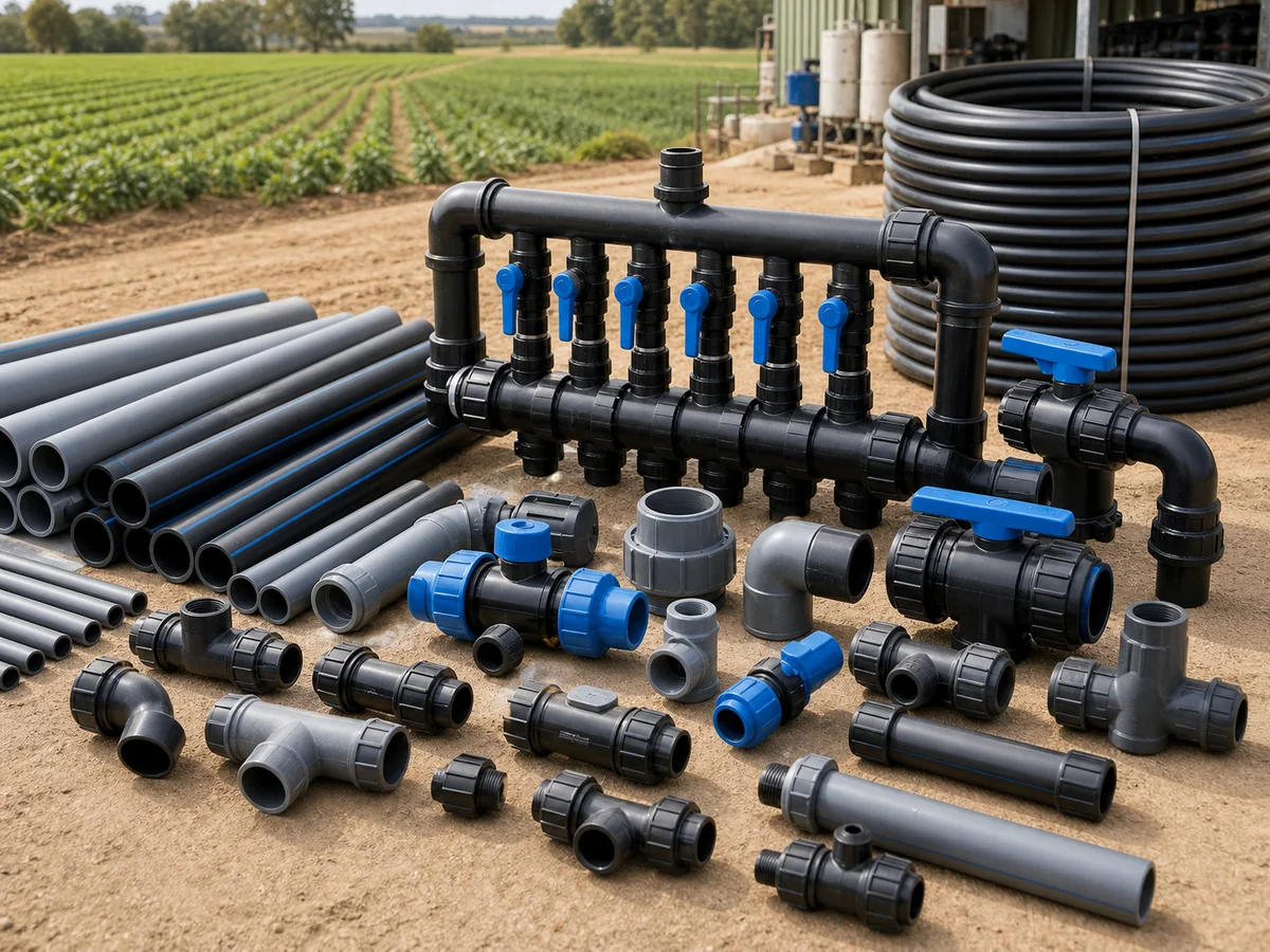 Conduites PE et PVC, collecteurs, raccords et vannes d'irrigation