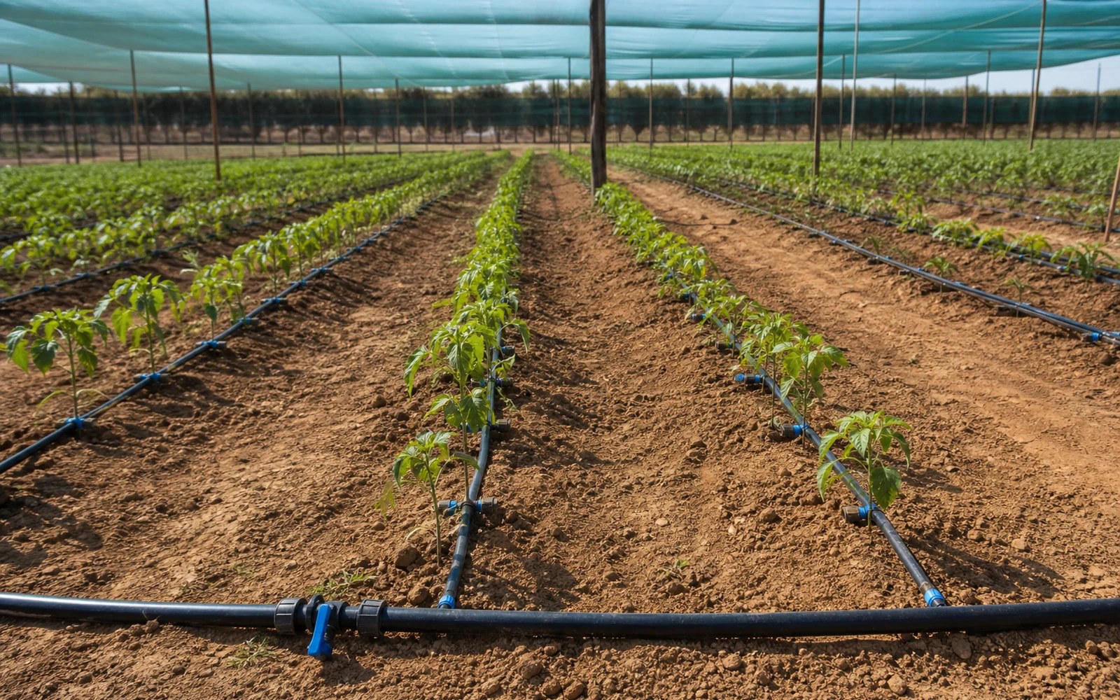 Réseau d'irrigation goutte-à-goutte installé dans une exploitation agricole au Maroc